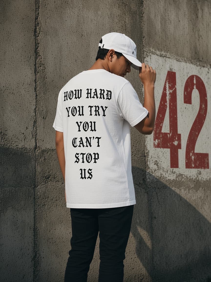 Back of the white Can't Stop Us Tee against a concrete wall in Cebu