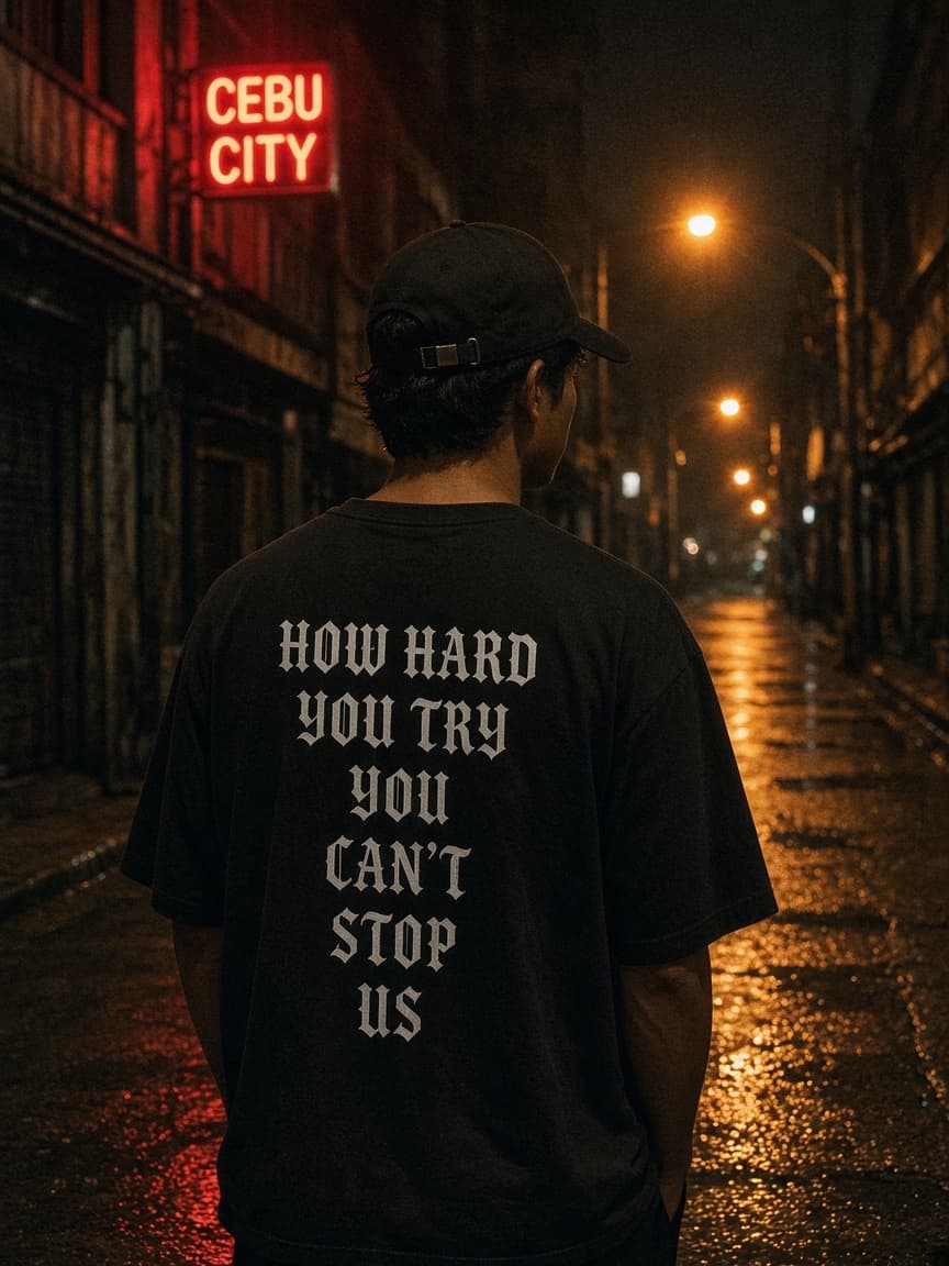 Black Can't Stop Us Tee on a Cebu side street at night
