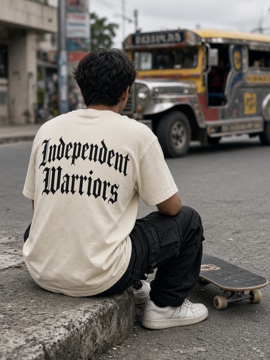 Cream Independent Warriors Tee, sitting on a curb with a jeepney passing