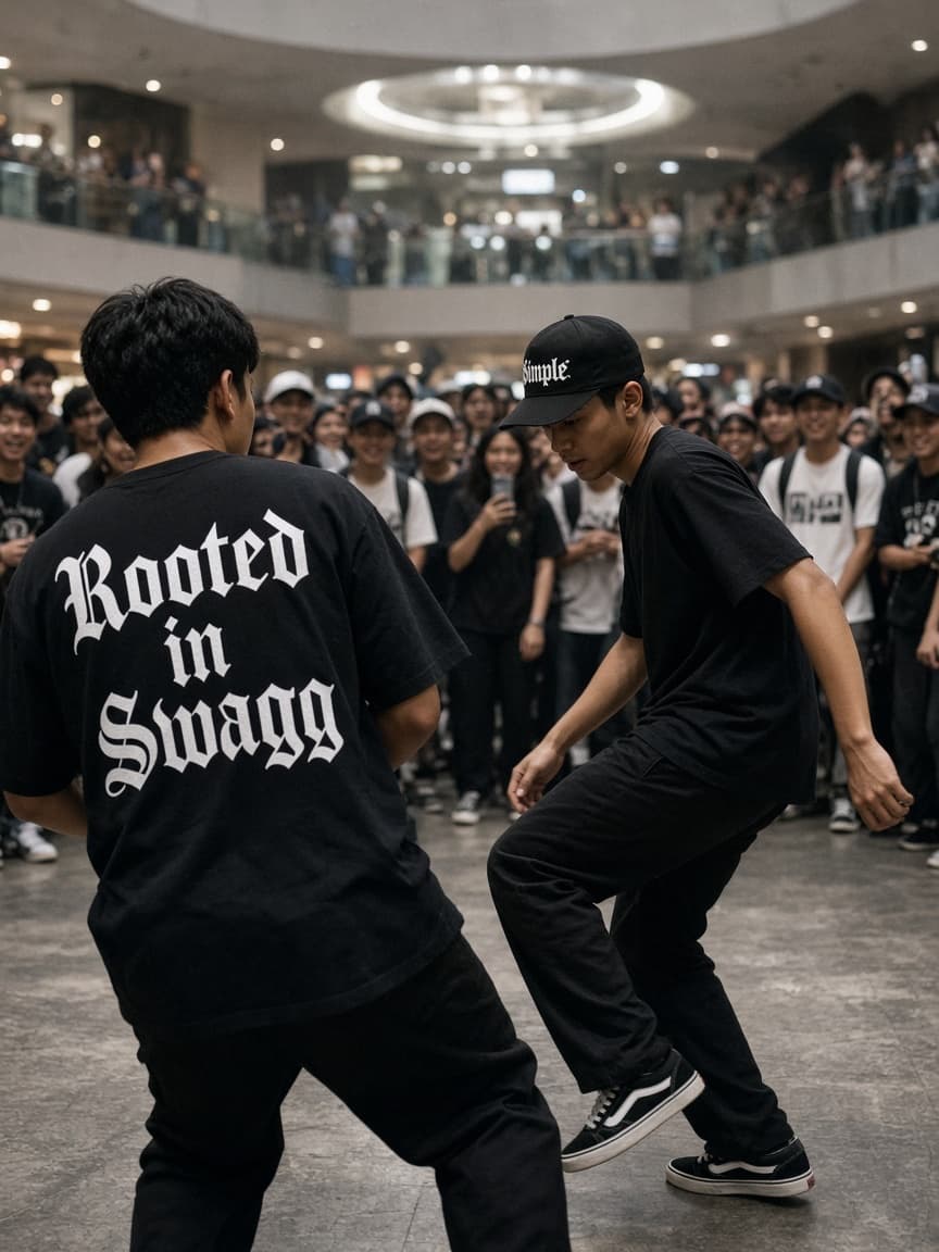 Dancers in a battle circle at a Cebu mall, one wearing the black Rooted Tee