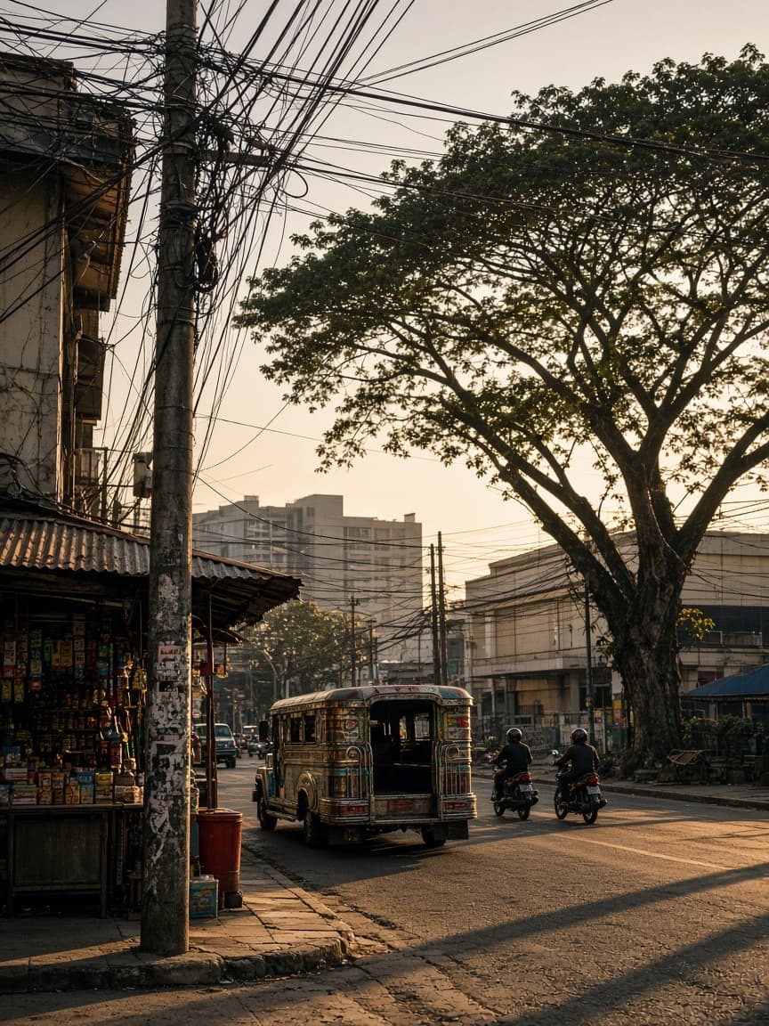Uptown Cebu City street at golden hour with a jeepney