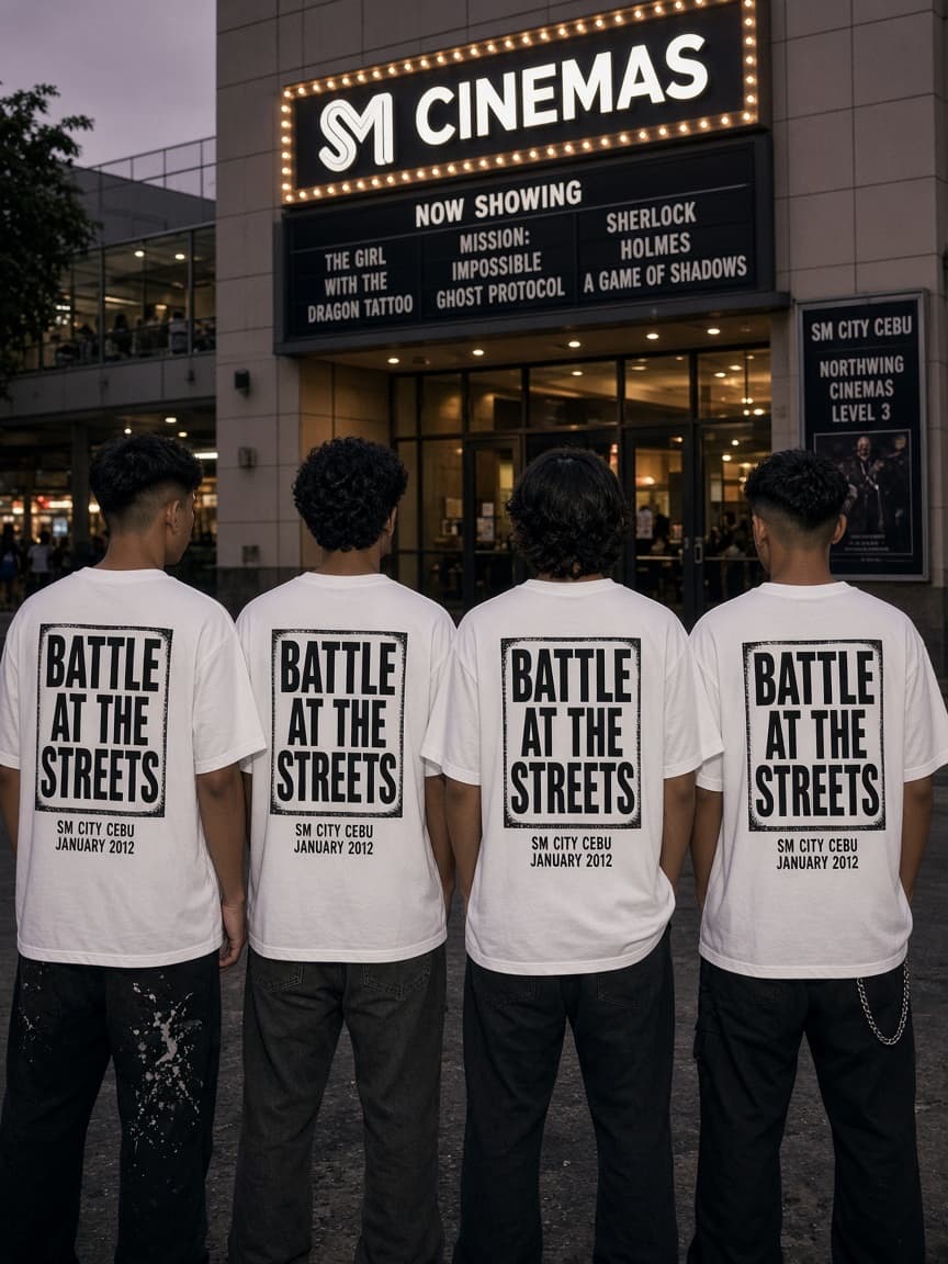 Four dancers in Battle at the Streets tees outside SM City Cebu cinemas